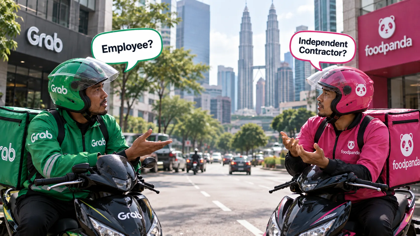 A Grab rider and a foodpanda rider on their motorcycles facing each other on a Kuala Lumpur street, speech bubbles above them reading Employee? and Independent Contractor?, with the Grab and foodpanda storefronts and the Petronas Towers behind