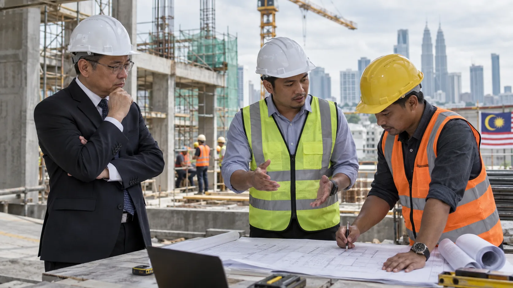 A man in a dark suit with arms crossed watches two site workers in hard hats and high-visibility vests discuss and mark up construction drawings on a table at a building site, with scaffolding, a tower crane, a Malaysian flag and the Kuala Lumpur skyline behind them