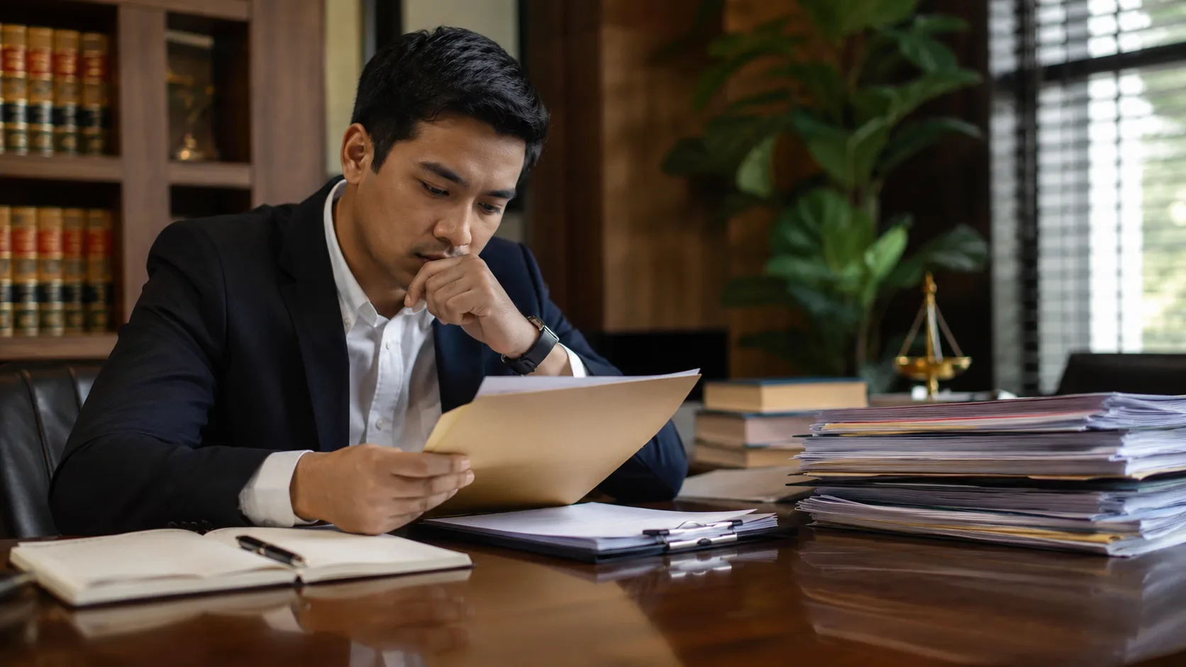 A man in a suit at a desk carefully reading a document, with stacks of files, law books, and a brass scales of justice