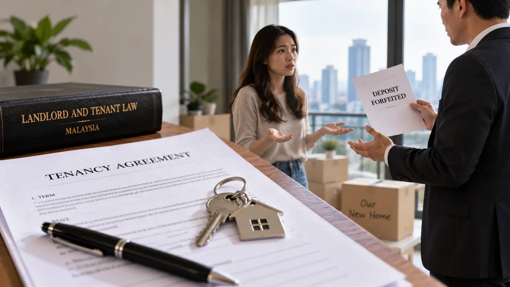 A tenant gesturing in dismay at a landlord in a suit who holds a page marked Deposit Forfeited, with a Tenancy Agreement, a pen and a house-shaped key ring in the foreground, a Landlord and Tenant Law Malaysia book, and packing boxes in a high-rise flat overlooking a city skyline