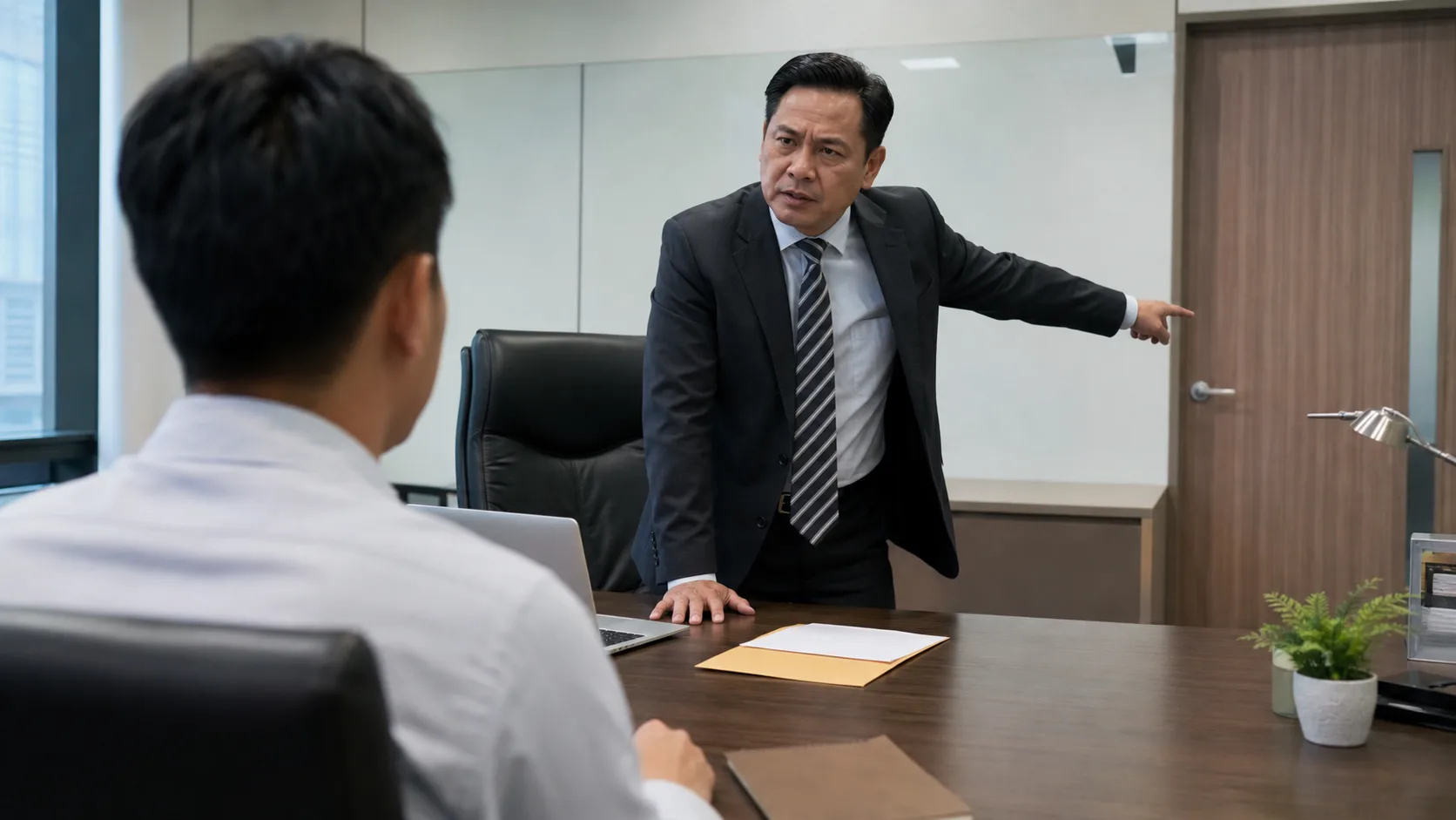 A manager in a suit stands and points toward the door during a tense office meeting while a seated employee faces him across the desk