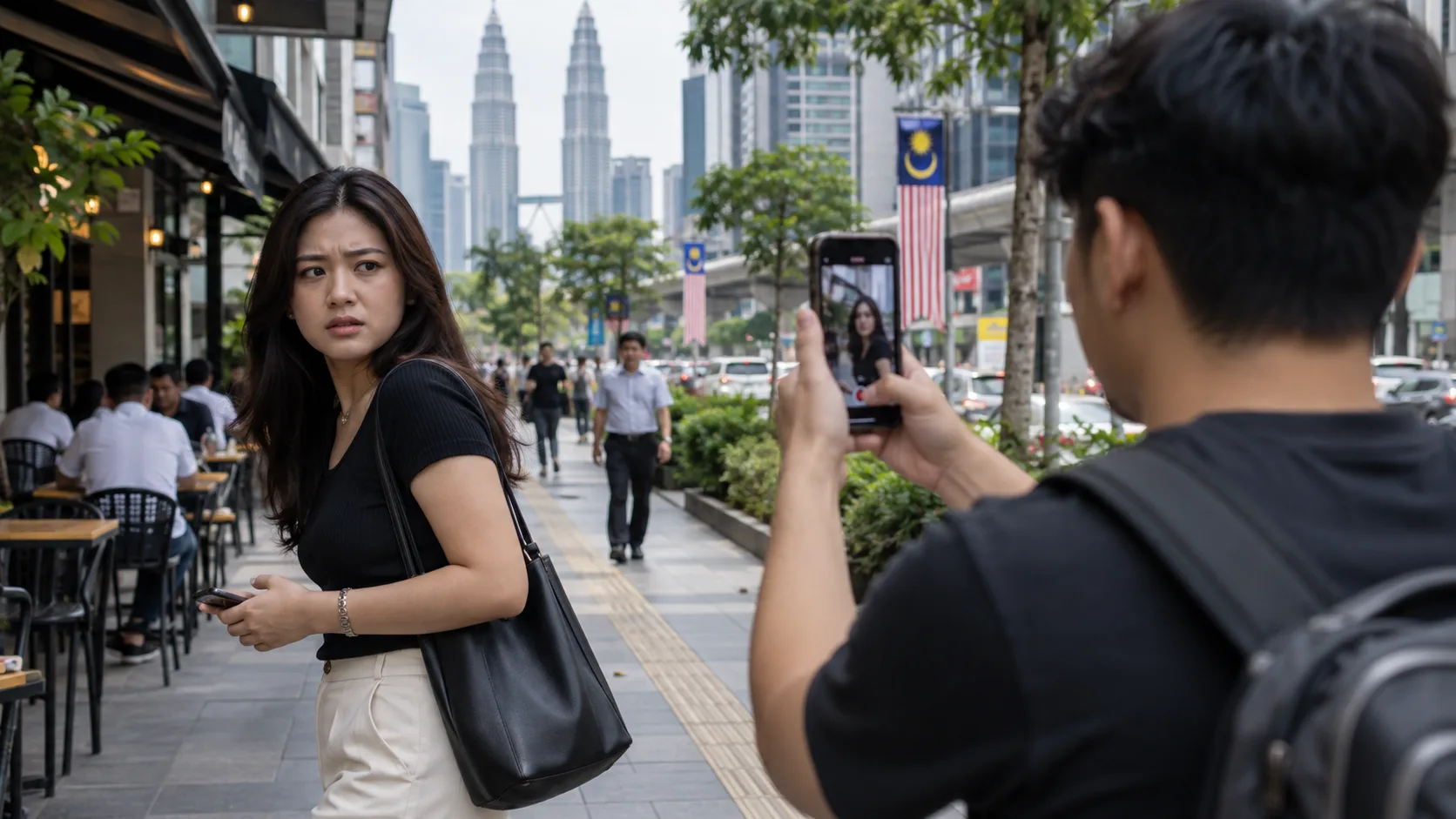 A man filming a visibly startled young woman on a busy Kuala Lumpur street with his phone, her reaction visible on his screen, with the Petronas Towers and Malaysian flags in the background