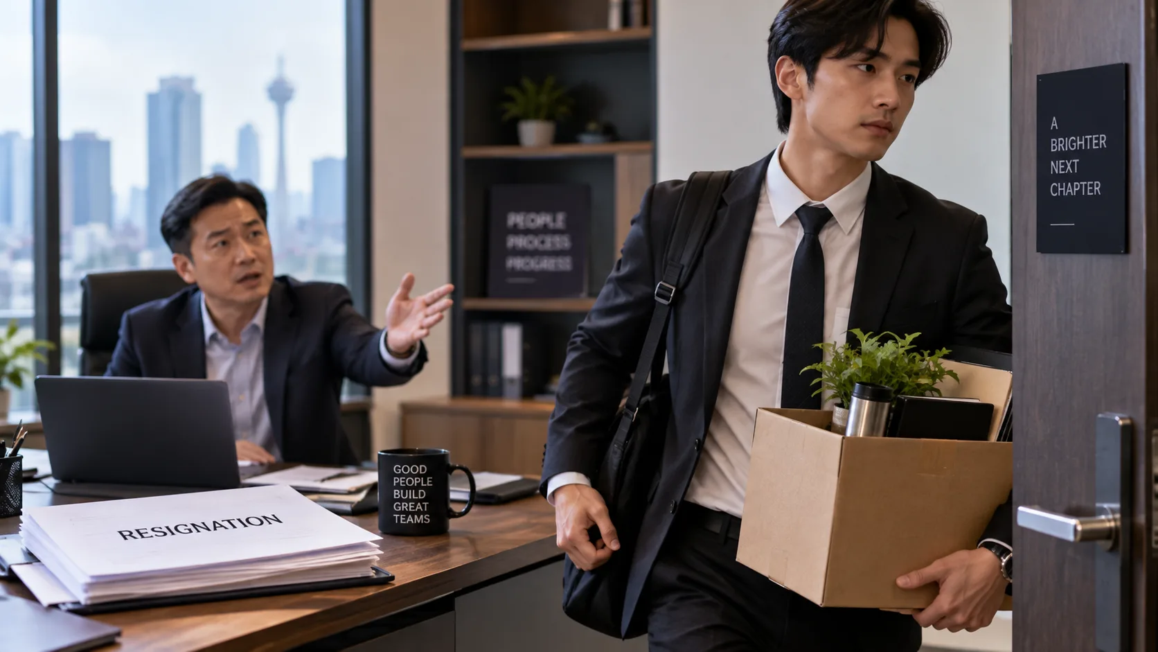 An employee in a suit carrying a box of belongings and looking back while walking out through a doorway marked A Brighter Next Chapter, as a manager gestures from his desk beside a stack of papers headed Resignation and a mug reading Good People Build Great Teams