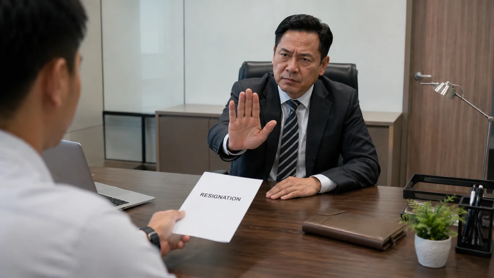 An employer seated at a desk raises a hand to refuse a resignation letter being handed across the table by an employee