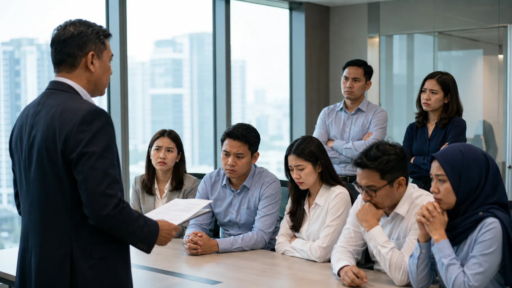 A manager holding a document addresses a group of anxious employees around a boardroom table during a retrenchment announcement