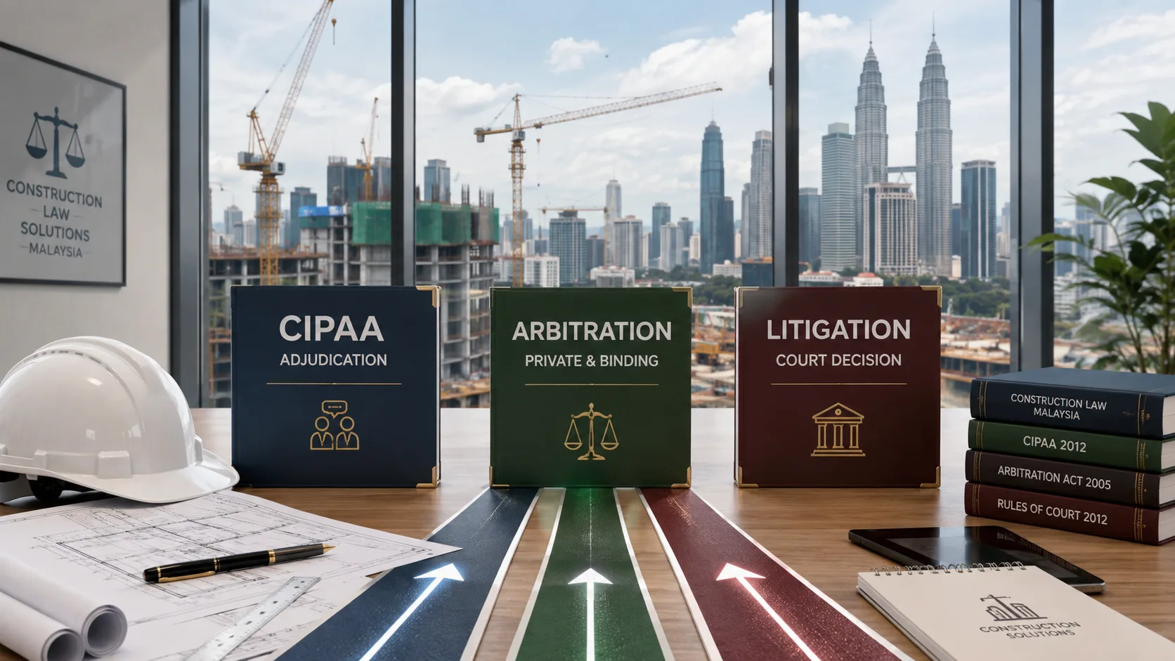 Three coloured folders standing on a desk labelled CIPAA Adjudication, Arbitration and Litigation, each with an arrow leading to it, beside a white hard hat, rolled construction drawings and Malaysian construction law reference books, with a Kuala Lumpur skyline of cranes and towers behind