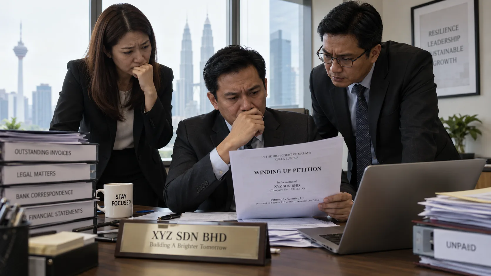 Three visibly worried executives reviewing a Winding Up Petition for a fictional company XYZ Sdn Bhd on a laptop and printed document, beside binders labelled Outstanding Invoices, Legal Matters, Bank Correspondence and Financial Statements, and a folder marked Unpaid, in a Kuala Lumpur office
