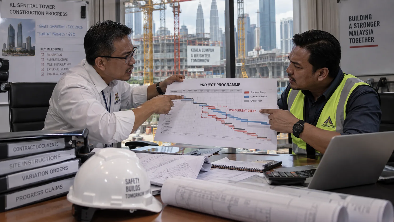 An employer and a contractor at a site office pointing at a Project Programme Gantt chart with red Employer Delay bars, blue Contractor Delay bars and a Concurrent Delay section highlighted, beside binders labelled Contract Documents, Site Instructions, Variation Orders and Progress Claims, with the Kuala Lumpur skyline and a construction site through the window