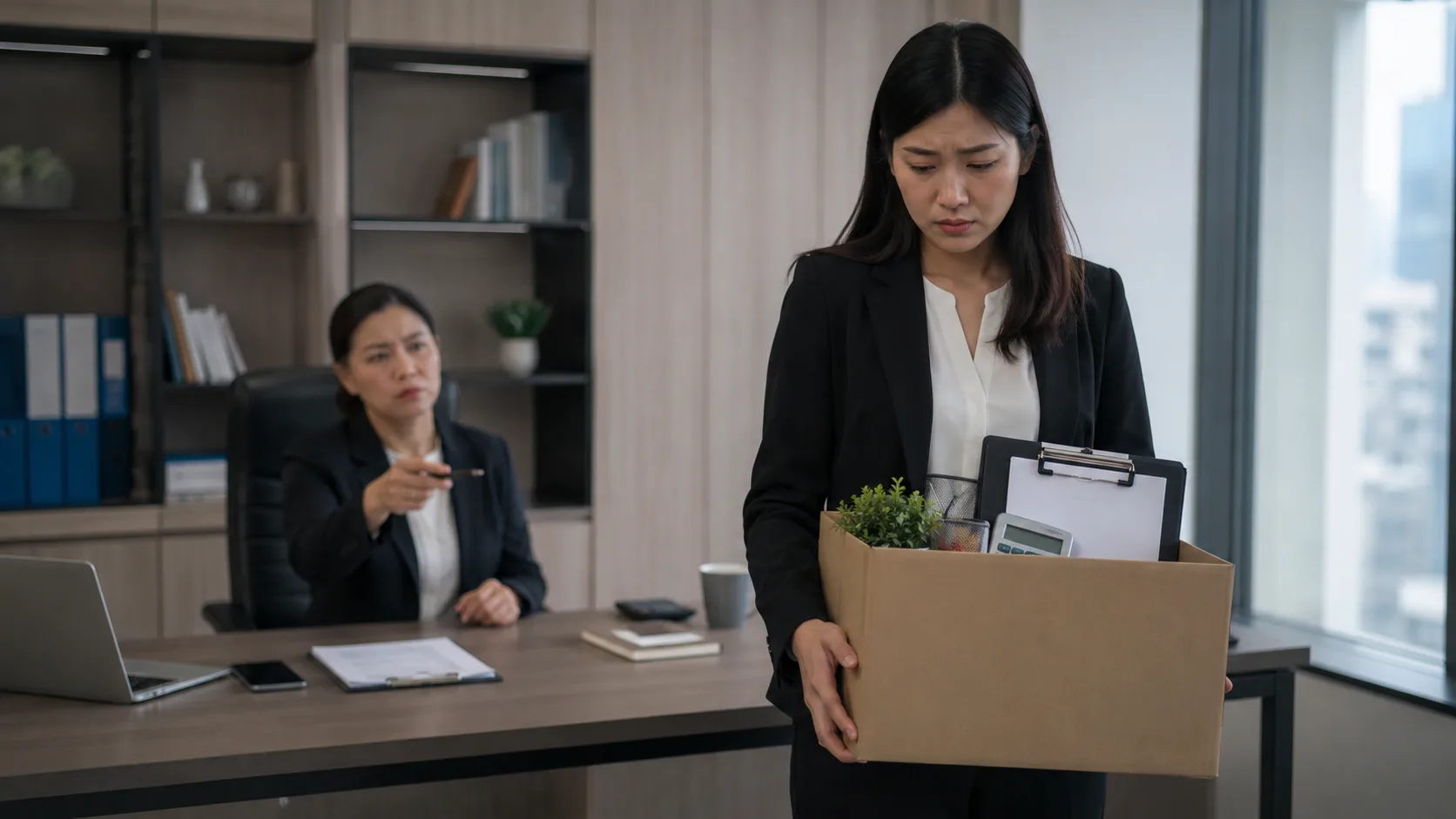 A downcast employee in a suit carries a box of personal belongings out of an office while a manager gestures toward the door from her desk