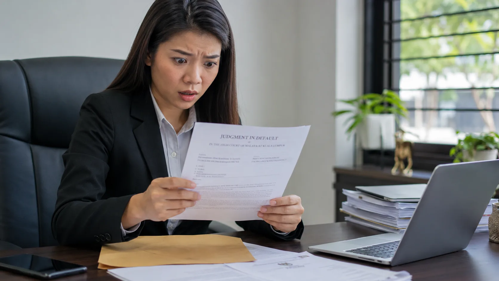 A woman at a desk reacting with concern while reading a court judgment document, an opened envelope and laptop in front of her