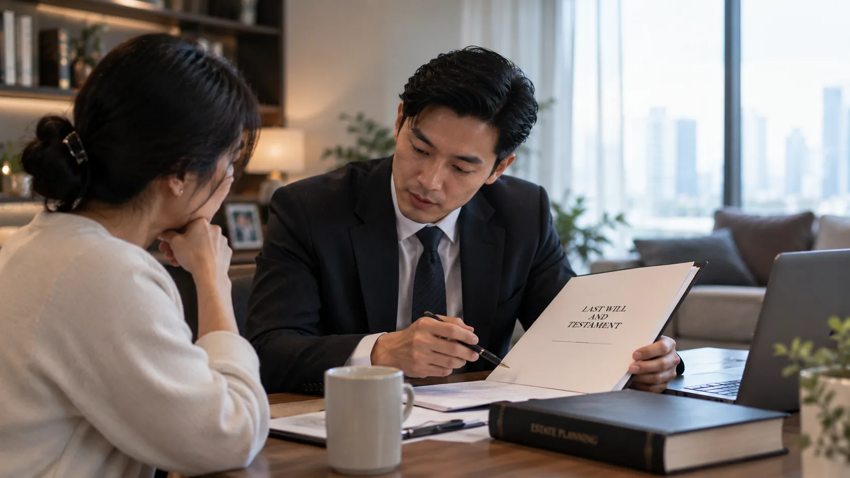 A lawyer reviewing a document titled Last Will and Testament with a client at a desk, beside a laptop and a book titled Estate Planning, in a living room overlooking a city skyline