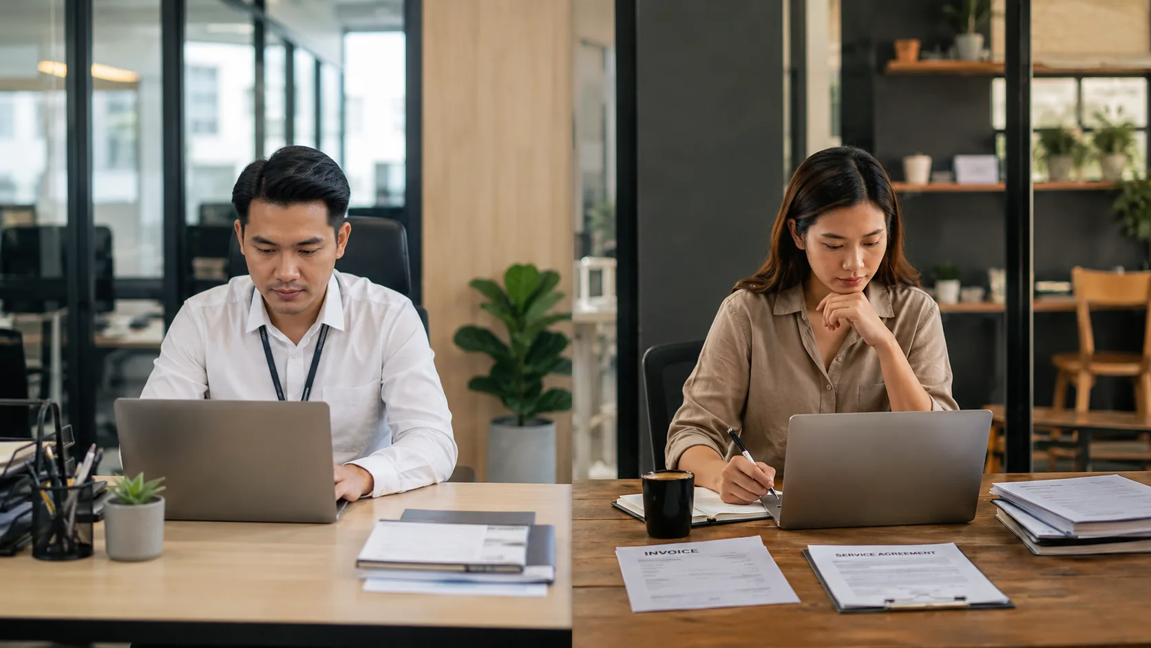 Two people working at separate desks in an open plan office, one man in a white shirt wearing a staff pass at a company laptop and one woman working at her own laptop with invoices and a service agreement beside her