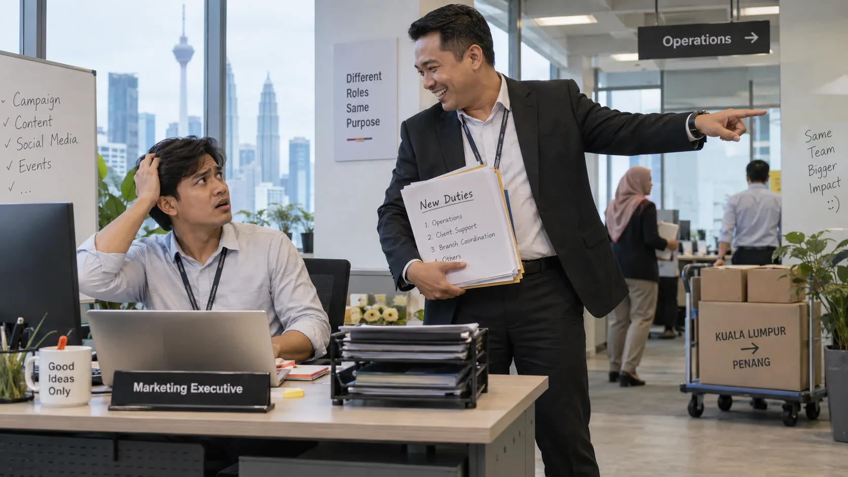 A confused employee at a desk labelled Marketing Executive looks up as a manager hands him a New Duties document listing Operations, Client Support and Branch Coordination and points toward a trolley of boxes labelled Kuala Lumpur to Penang