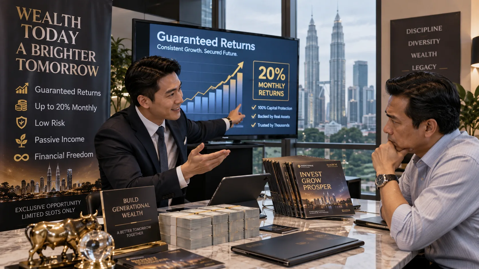 A well-dressed salesman pointing at a screen reading Guaranteed Returns, 20% Monthly Returns and 100% Capital Protection to a sceptical man with his hand at his chin, with stacks of cash, glossy Invest Grow Prosper brochures, a bull figurine and a Wealth Today banner in an office overlooking the Petronas Towers