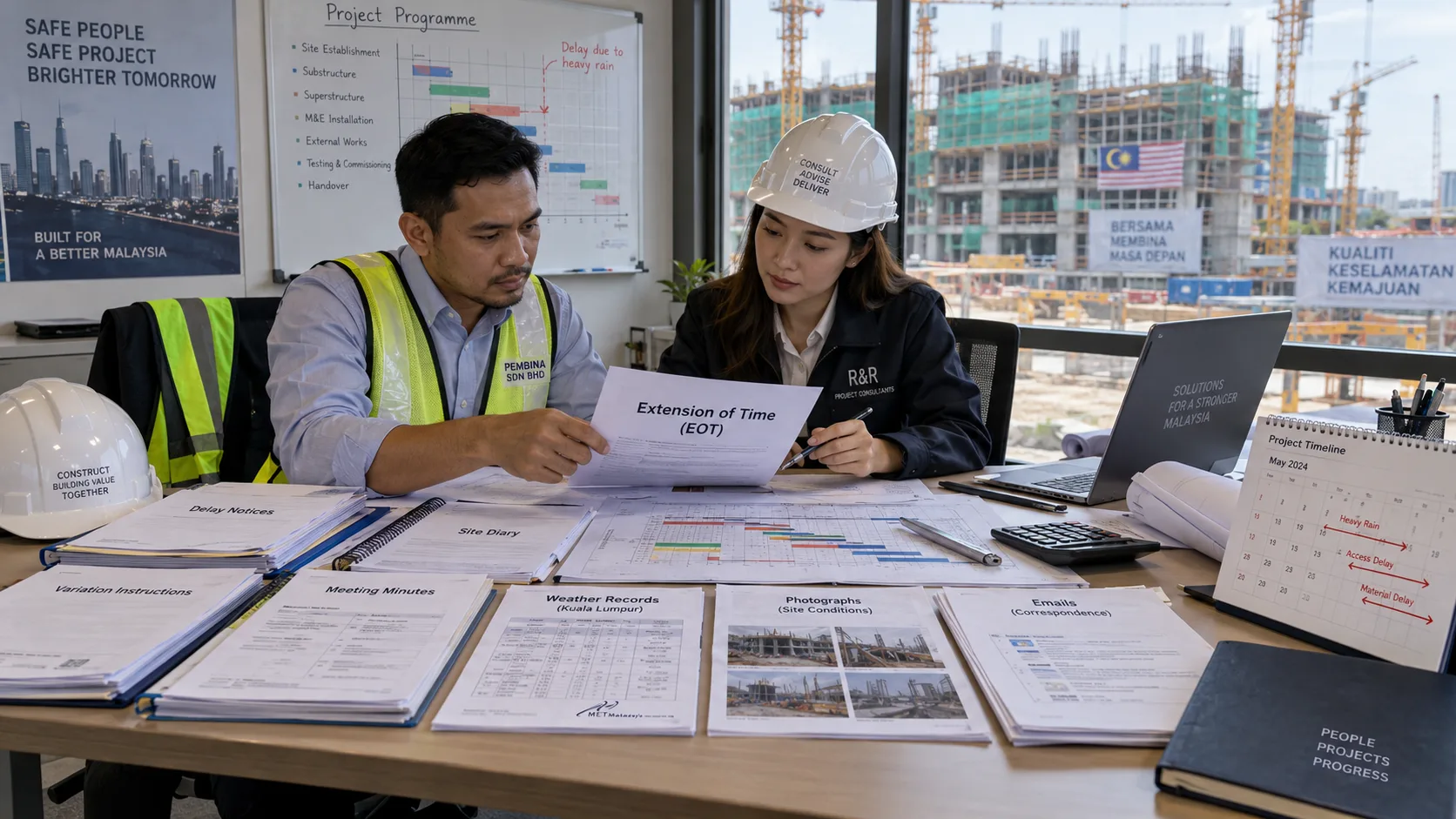 A contractor and a project consultant in a site office reviewing an Extension of Time (EOT) application, with delay notices, a site diary, meeting minutes, weather records, photographs and correspondence spread across the table, a project programme Gantt chart marked with a rain delay behind them, and a Kuala Lumpur construction site through the window