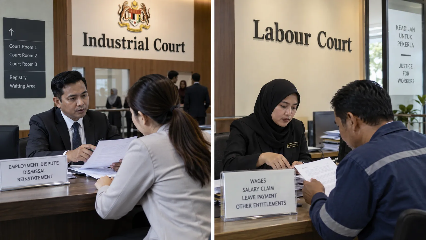 A split image: on the left a lawyer and client at an Industrial Court counter under the Malaysian coat of arms with a sign reading Employment Dispute, Dismissal, Reinstatement; on the right a Labour Court officer serving a worker at a counter signed Wages, Salary Claim, Leave Payment, Other Entitlements