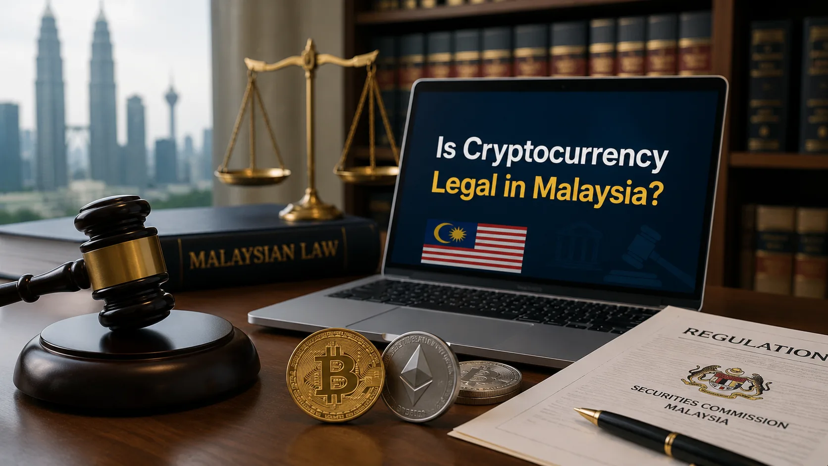 A gavel, brass scales of justice, and a Malaysian Law volume beside a laptop and a Securities Commission Malaysia regulation document on a desk with crypto coins and the Kuala Lumpur skyline in the background