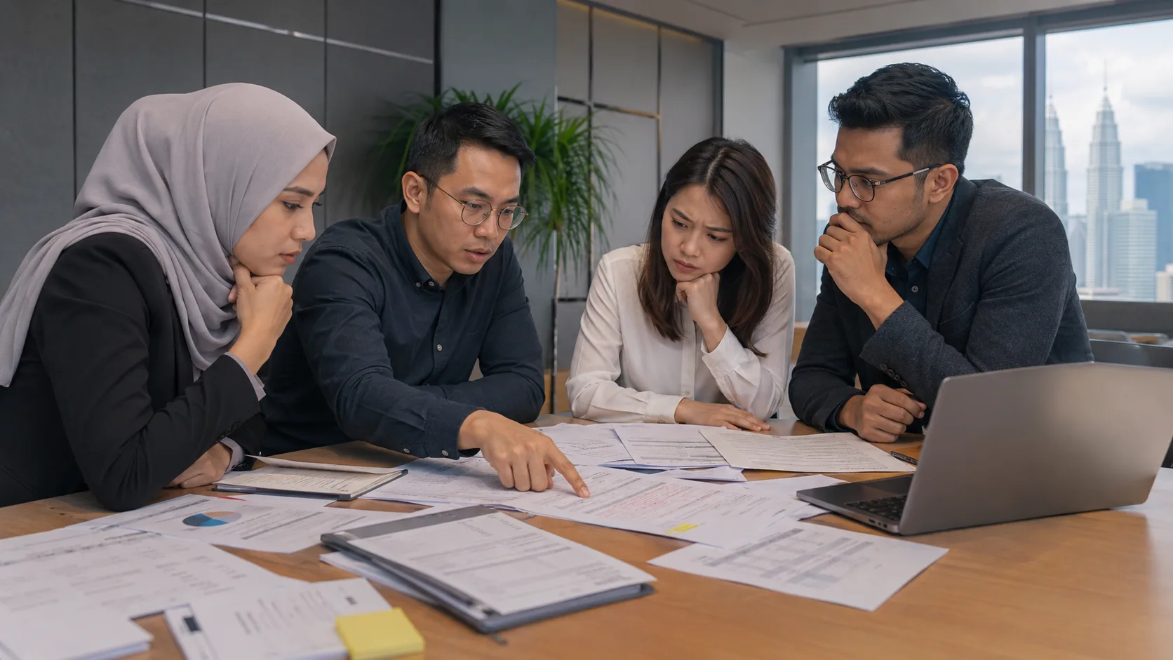 A startup team reviewing documents and financial charts around a table with a laptop, the Kuala Lumpur skyline visible through the window