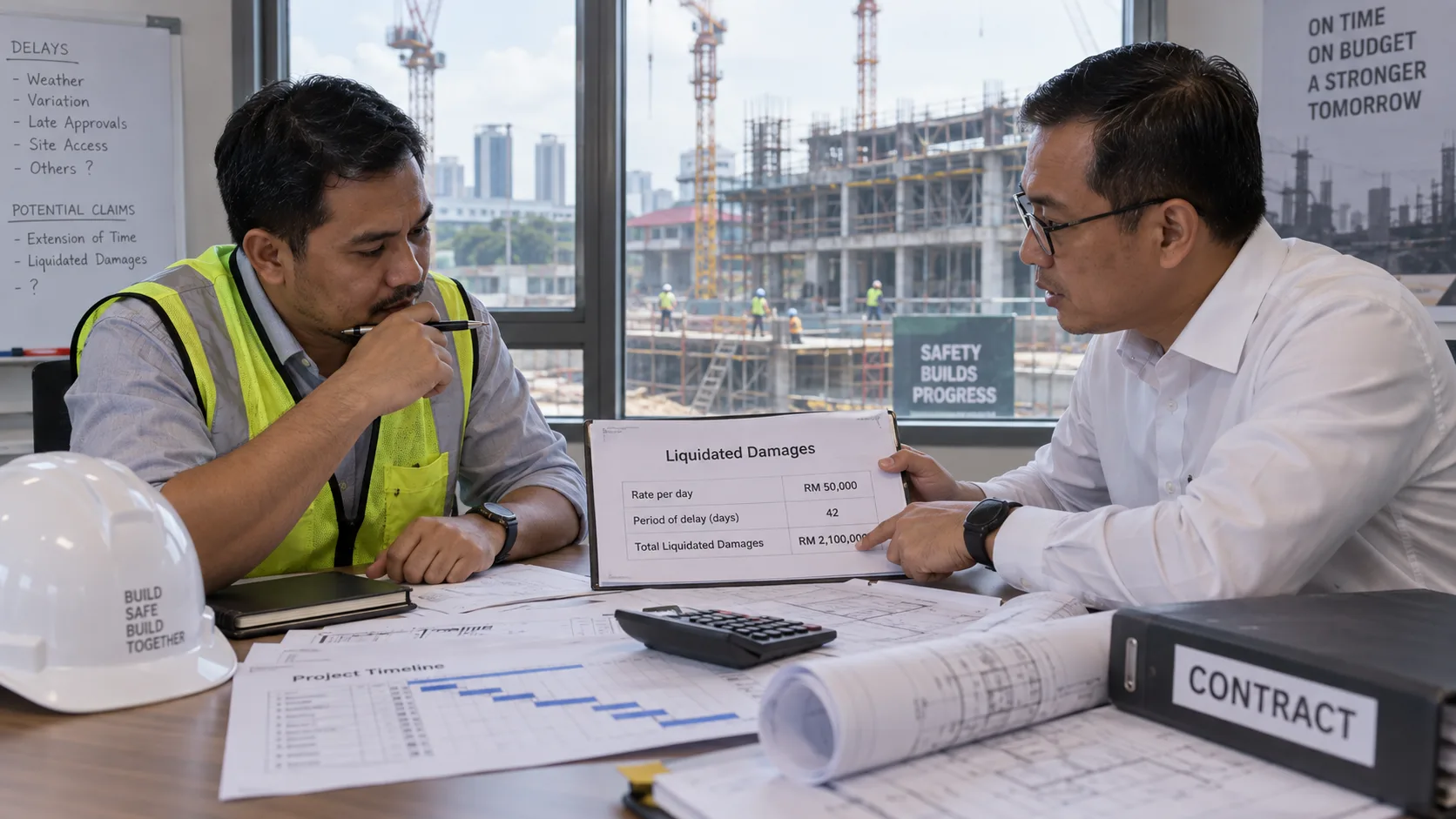 Two construction professionals reviewing a Liquidated Damages calculation sheet showing a rate per day, period of delay and total amount, beside a Project Timeline Gantt chart, a calculator, rolled drawings and a Contract binder, with a whiteboard listing delay causes and potential claims and a Kuala Lumpur construction site through the window