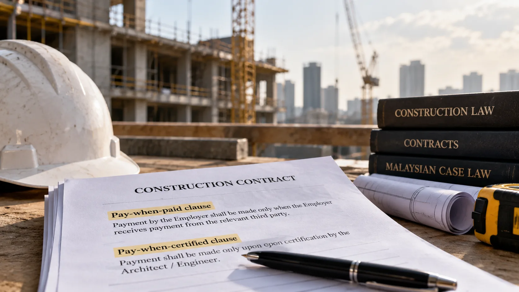 A Construction Contract document on a rooftop site highlighting a Pay-when-paid clause and a Pay-when-certified clause, beside a hard hat, rolled drawings, a measuring tape and stacked law books titled Construction Law, Contracts and Malaysian Case Law, with a Kuala Lumpur building site behind