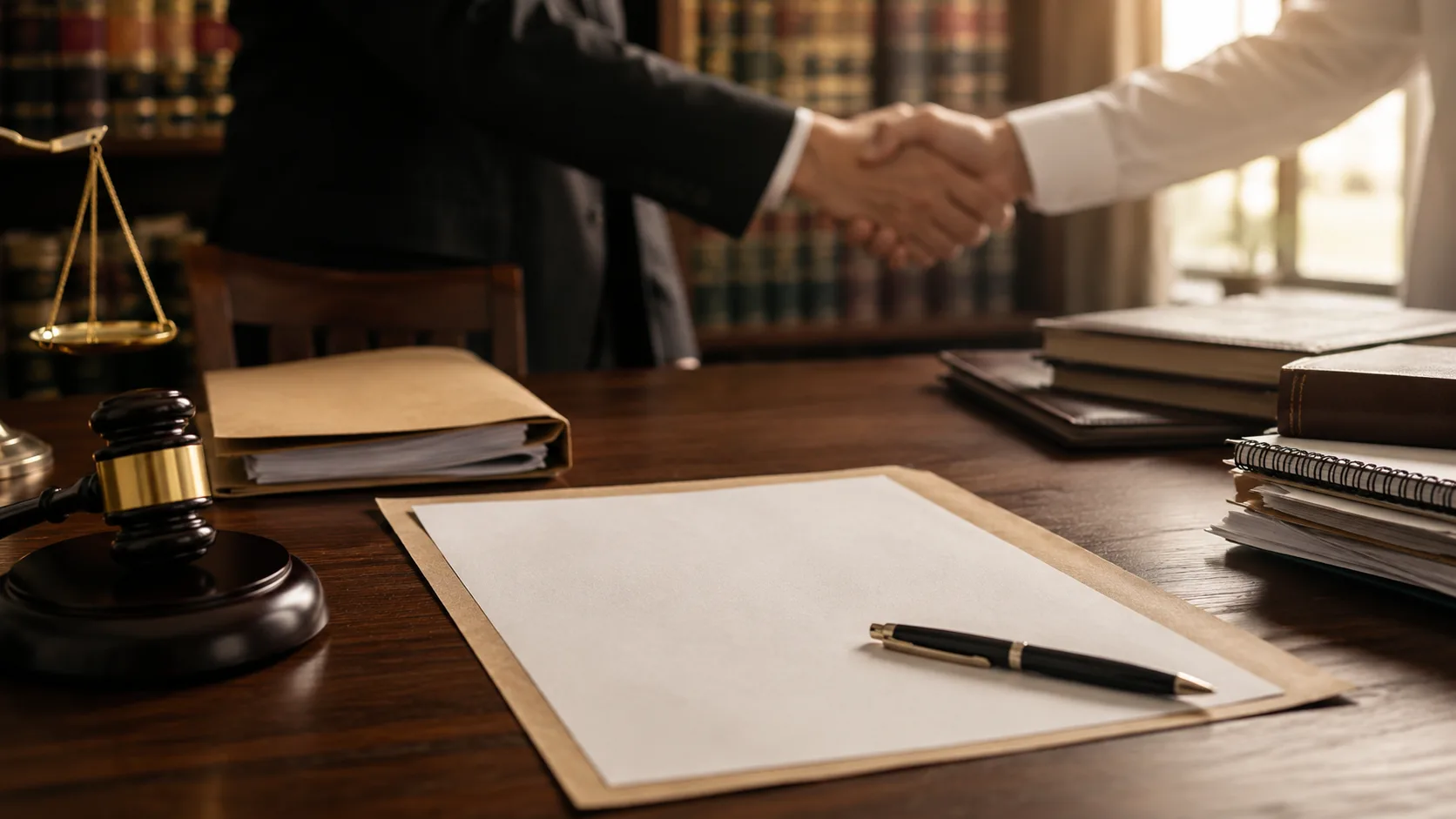 Two people shaking hands over a desk with a blank unsigned document, a pen, a gavel, and law books