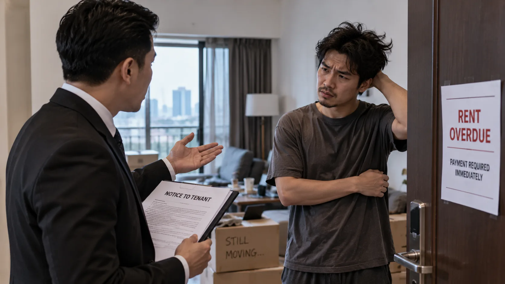 A landlord holding a Notice to Tenant clipboard confronts an unsettled tenant standing among unpacked boxes labelled Still Moving, beside a door bearing a Rent Overdue, Payment Required Immediately notice