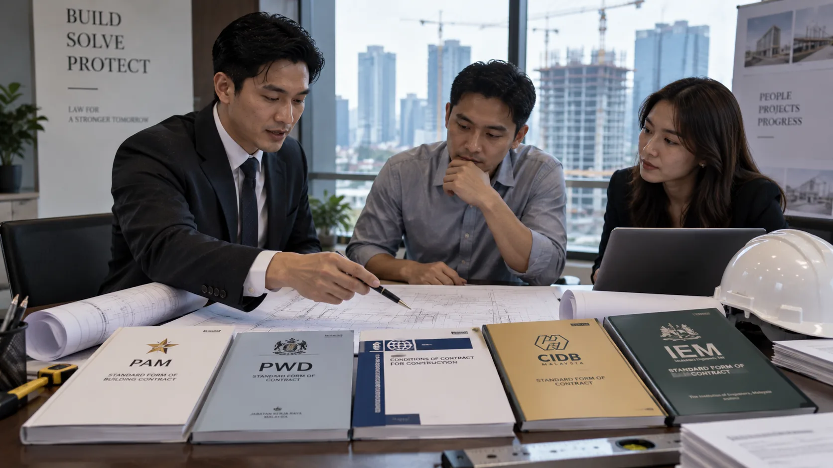 A lawyer pointing at construction drawings while two clients listen across a meeting table, with standard-form contract books labelled PAM, PWD, Conditions of Contract for Construction, CIDB and IEM in front of them, a white hard hat, and a half-built tower with cranes visible through the window