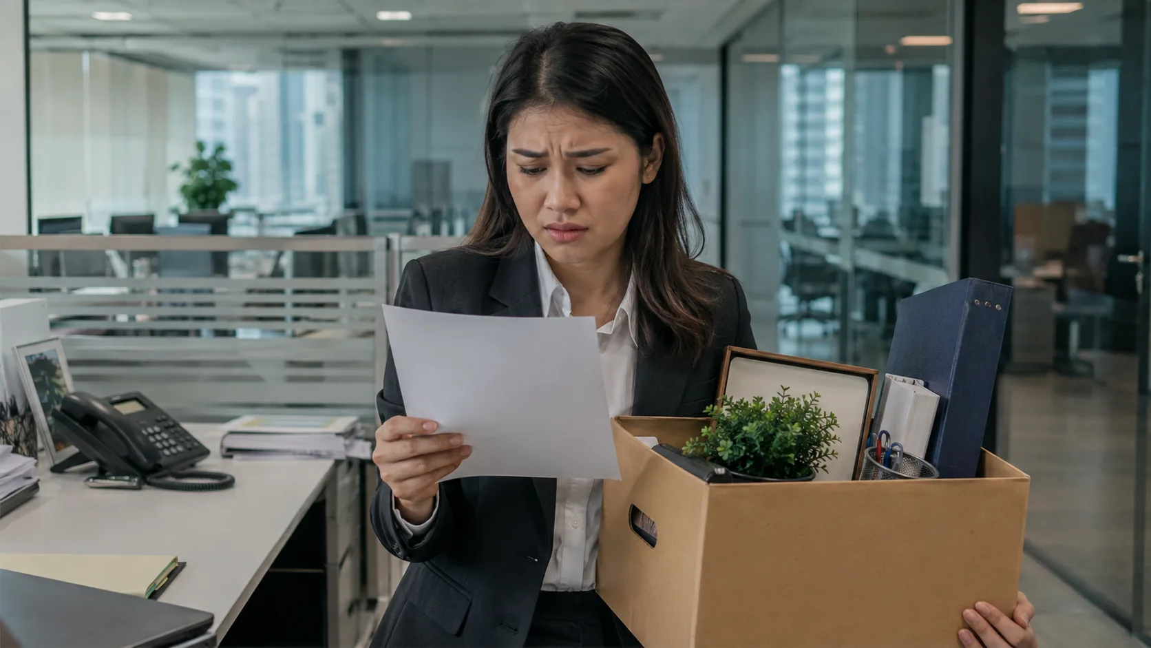 A woman in a dark blazer standing in an office reading a termination letter with a worried expression while holding a cardboard box of personal belongings including a plant and a picture frame