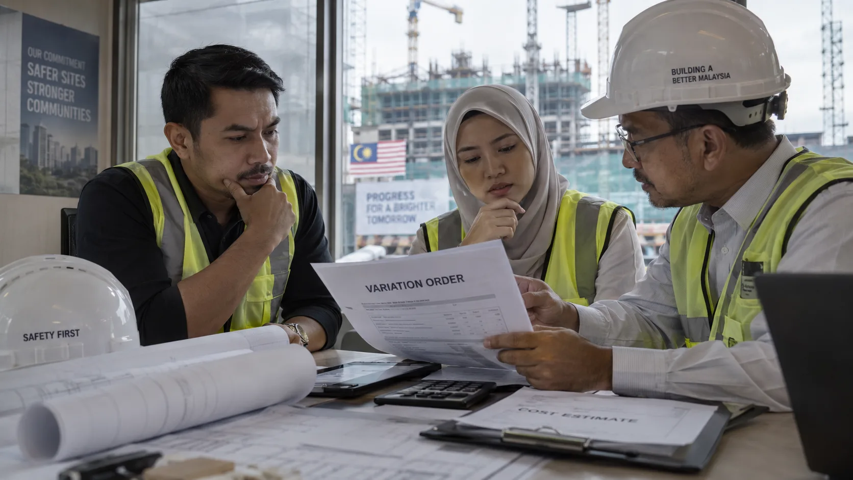 Three construction professionals in high-visibility vests and hard hats reviewing a document headed Variation Order at a meeting table, with rolled drawings, a calculator and a Cost Estimate clipboard, and a Kuala Lumpur construction site with tower cranes visible through the window