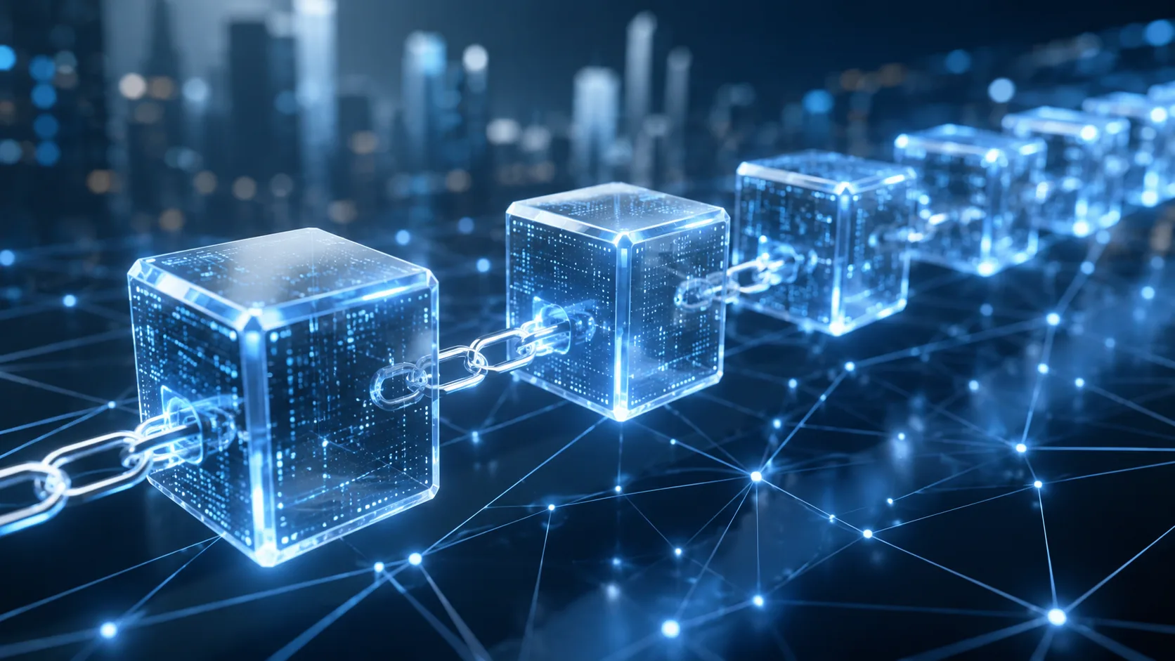 A glowing chain of translucent blue data blocks, each etched with binary code and locked together, floating above a connected network grid with a city skyline in the background