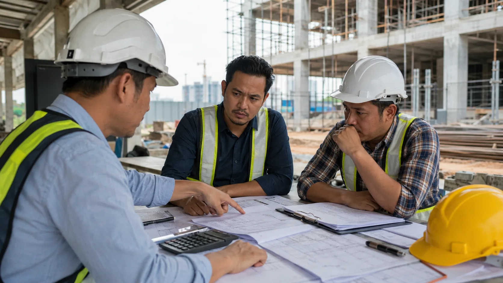 Construction workers in hard hats and safety vests discussing documents and blueprints with a calculator at a building site