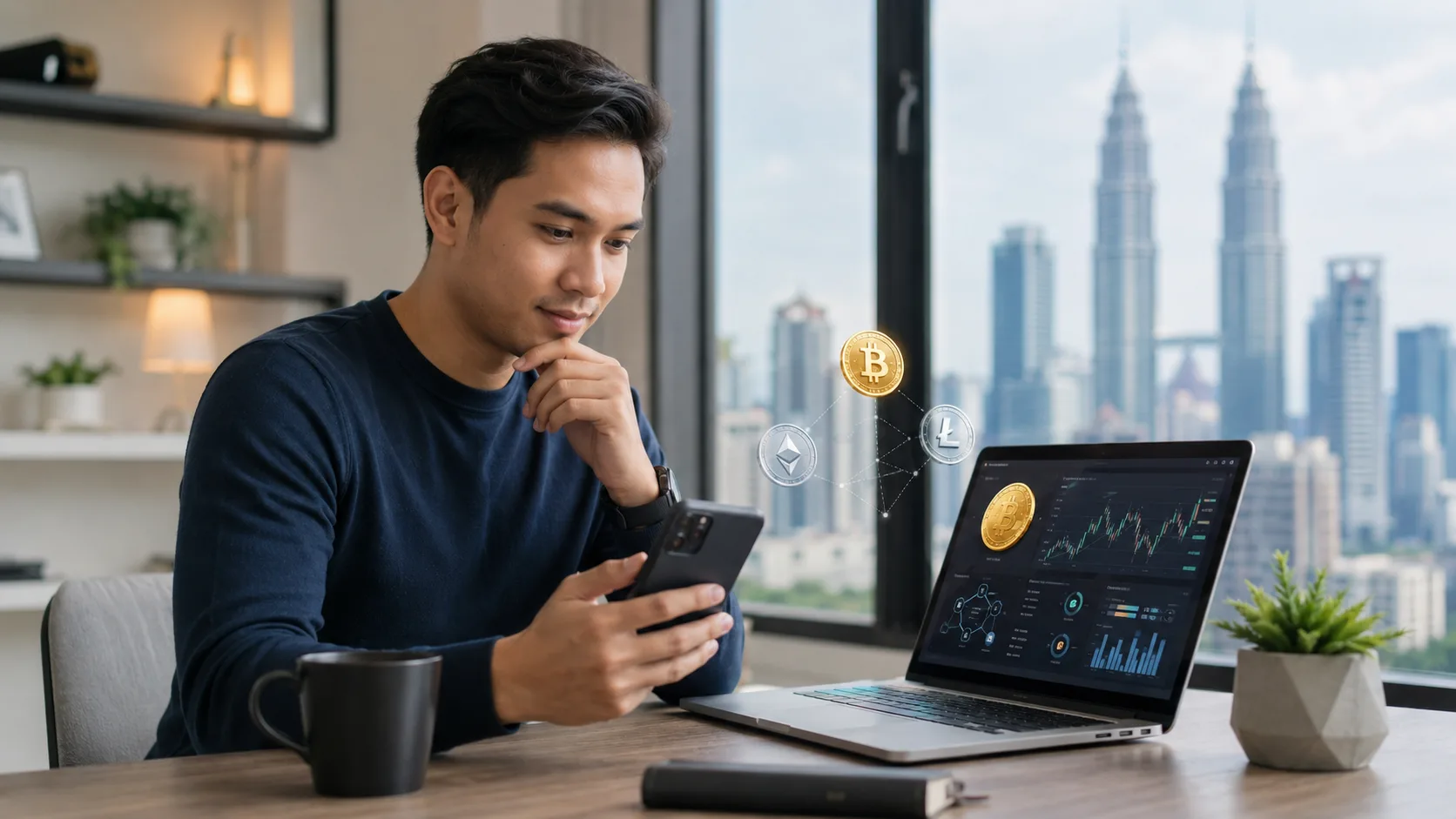 A man at a desk in Kuala Lumpur studies his phone with Bitcoin, Ethereum, and Litecoin icons floating above it, a trading dashboard open on his laptop and the Petronas Towers visible through the window behind him