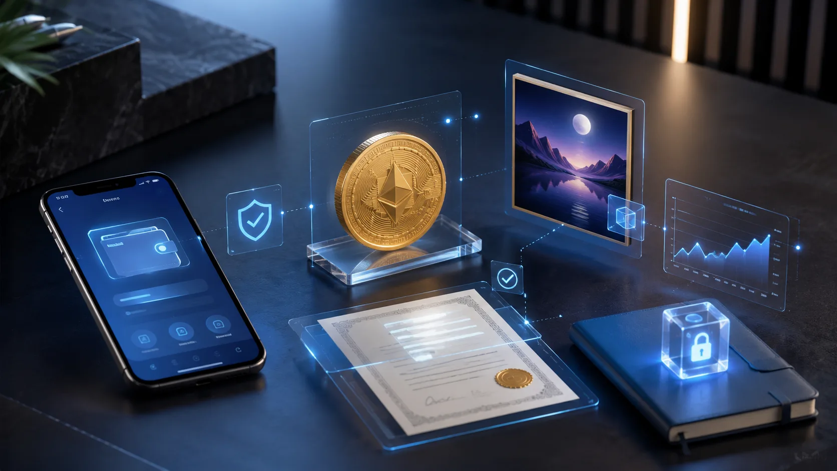 Translucent holographic icons of a crypto wallet app, a coin, a framed digital artwork, a certificate, a locked vault, and a price chart floating above a dark desk