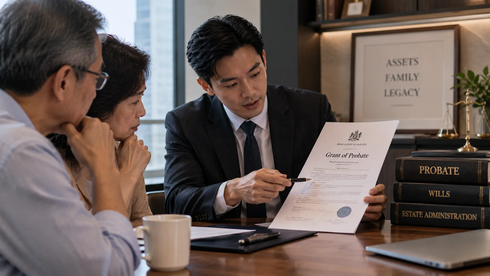 A lawyer explaining a Grant of Probate document from the High Court of Malaya to an elderly couple across a desk, with law books titled Probate, Wills and Estate Administration, a small brass scales of justice and a framed Assets, Family, Legacy sign in the background