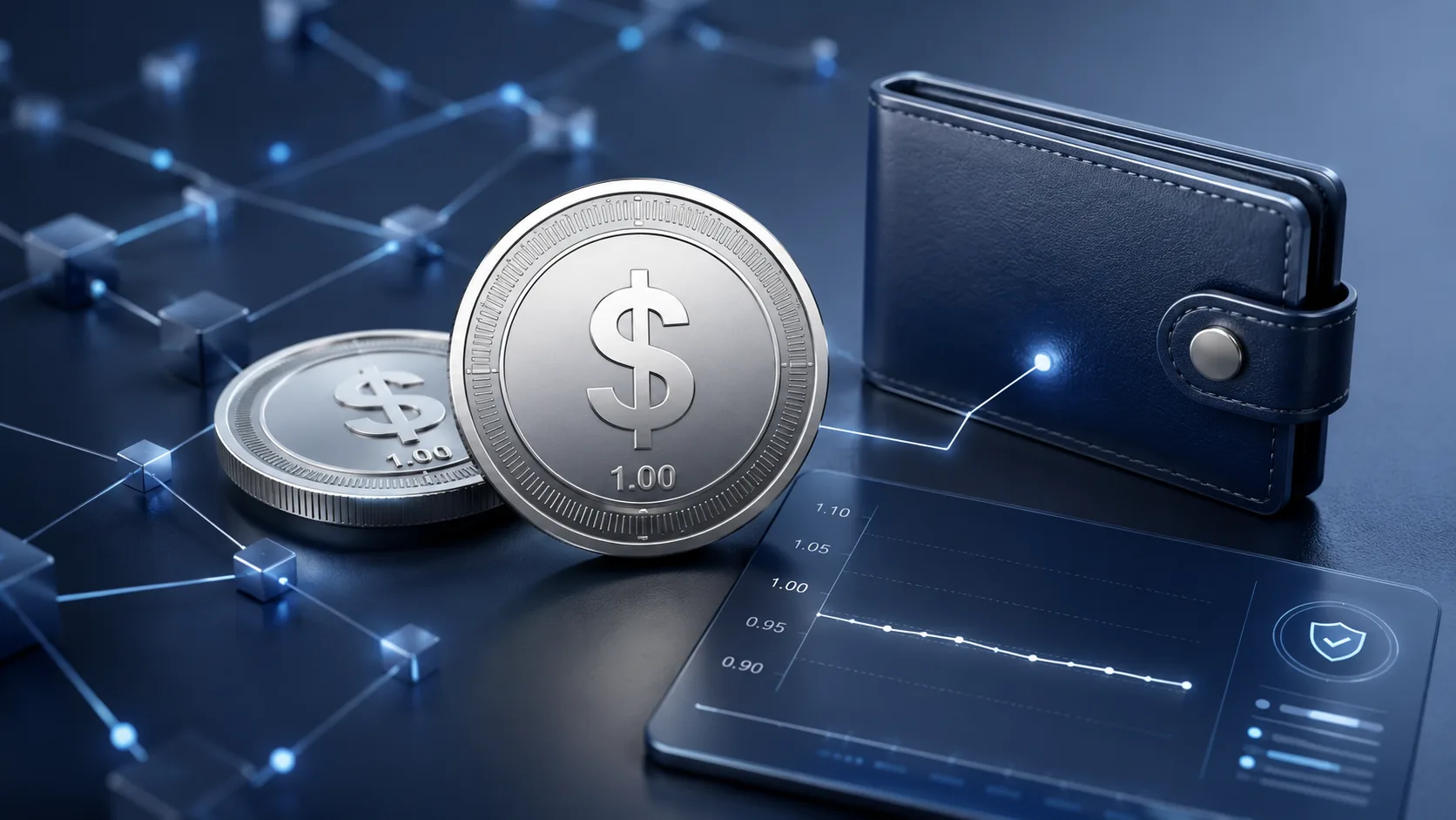 Two silver coins marked one dollar and one dollar zero zero on a blockchain network pattern, beside a digital wallet and a price chart holding steady near USD1