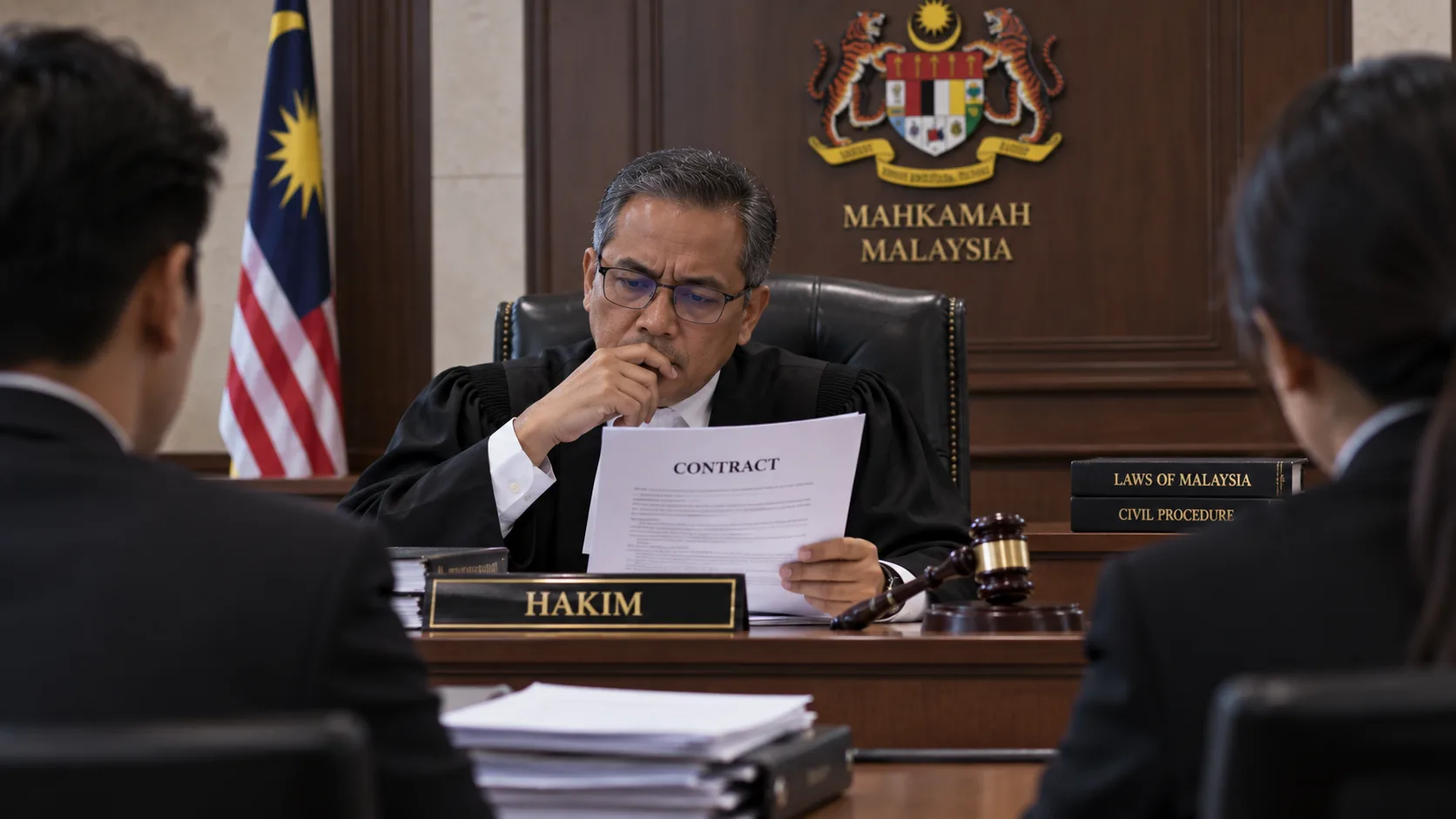A Malaysian judge examines a document headed Contract in a courtroom beneath the Mahkamah Malaysia coat of arms, with Laws of Malaysia and Civil Procedure volumes and a gavel on the bench, as two lawyers look on