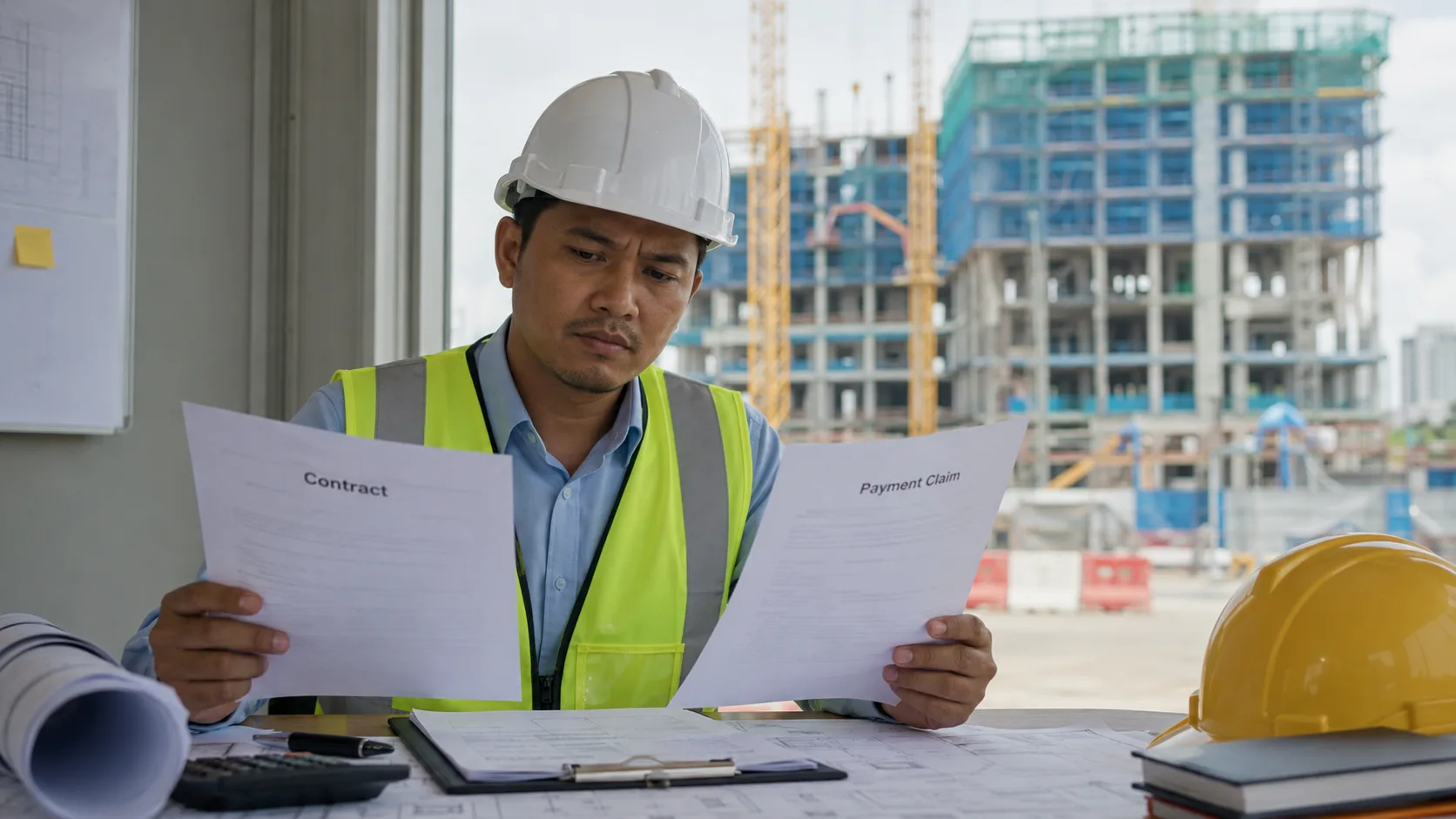 A construction worker in a white hard hat and high visibility vest comparing two documents headed Contract and Payment Claim at a site table with drawings and a calculator, with a partly built structure behind him