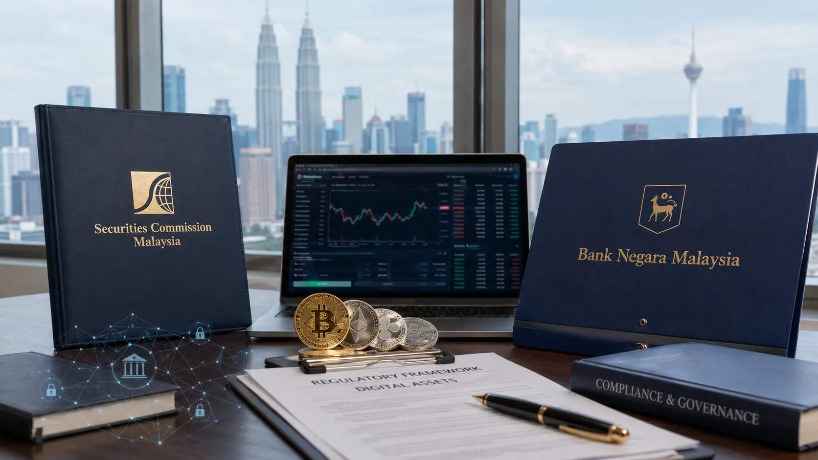 Securities Commission Malaysia and Bank Negara Malaysia folders on a desk beside a laptop showing crypto trading charts, Bitcoin coins, and a Regulatory Framework Digital Assets document, with the Kuala Lumpur skyline in the background
