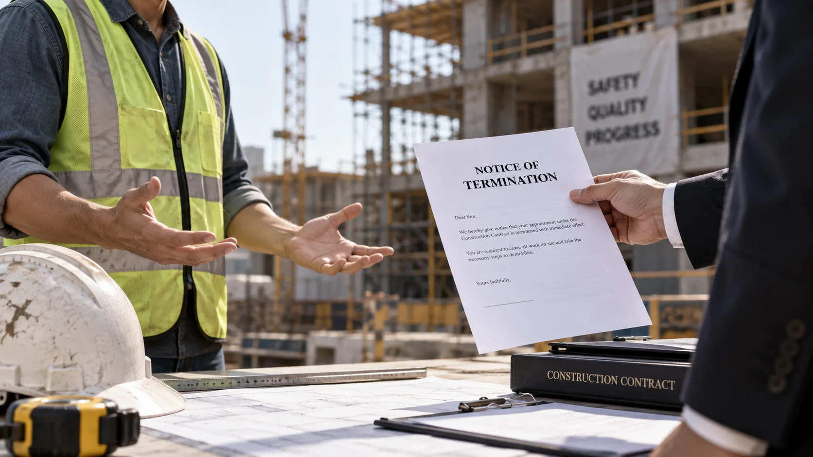 A man in a suit handing a Notice of Termination letter to a contractor in a hi-vis vest who is gesturing in protest, with a Construction Contract binder, drawings, a hard hat and a measuring tape on the table and a partly built Kuala Lumpur tower behind