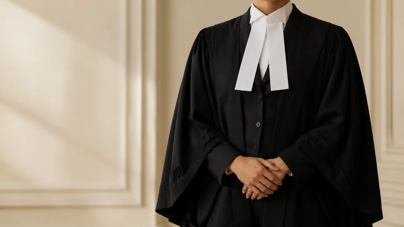 A barrister in black court robes with white bands, hands clasped, standing before a cream panelled wall